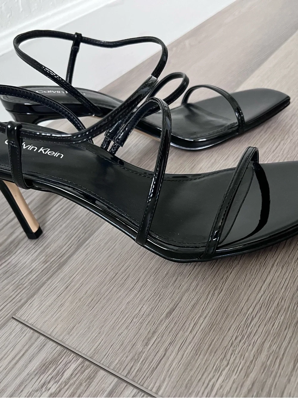 Calvin Klein Black Patent Strappy High Heel Sandals Size 7.5 NWOB